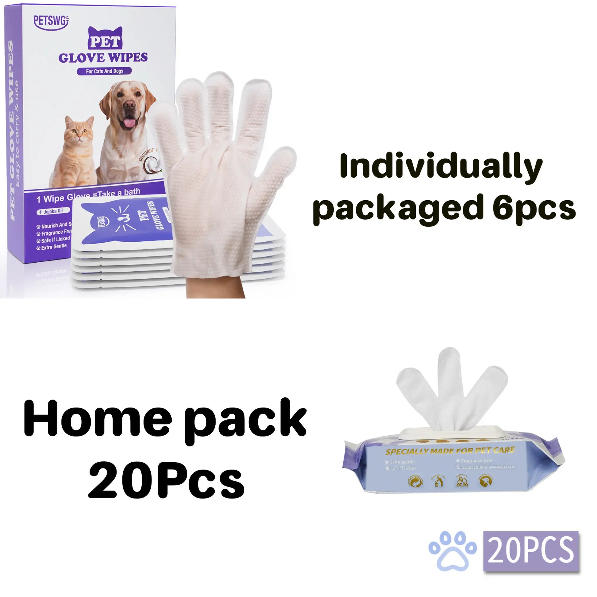 20-Pack Hypoallergenic Pet Cleaning Gloves and Deodorizing Bath Wipes with Coconut Oil for Dog Grooming