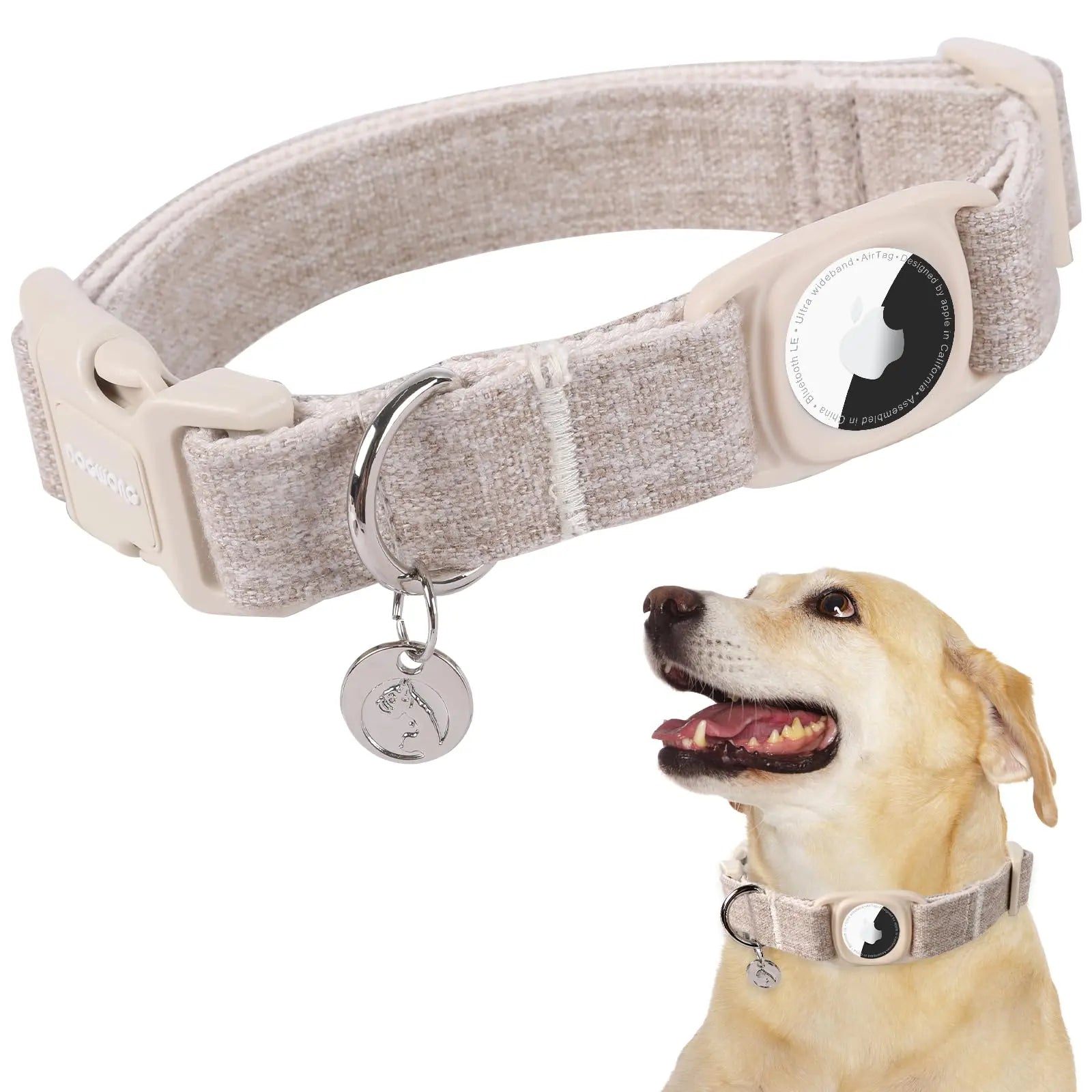 DOGWONG Airtag Cotton Hemp Dog Collar - Heavy-Duty Cute Basic Collar with Airtag Holder for Small to Large Dogs, Cute Basic Collars