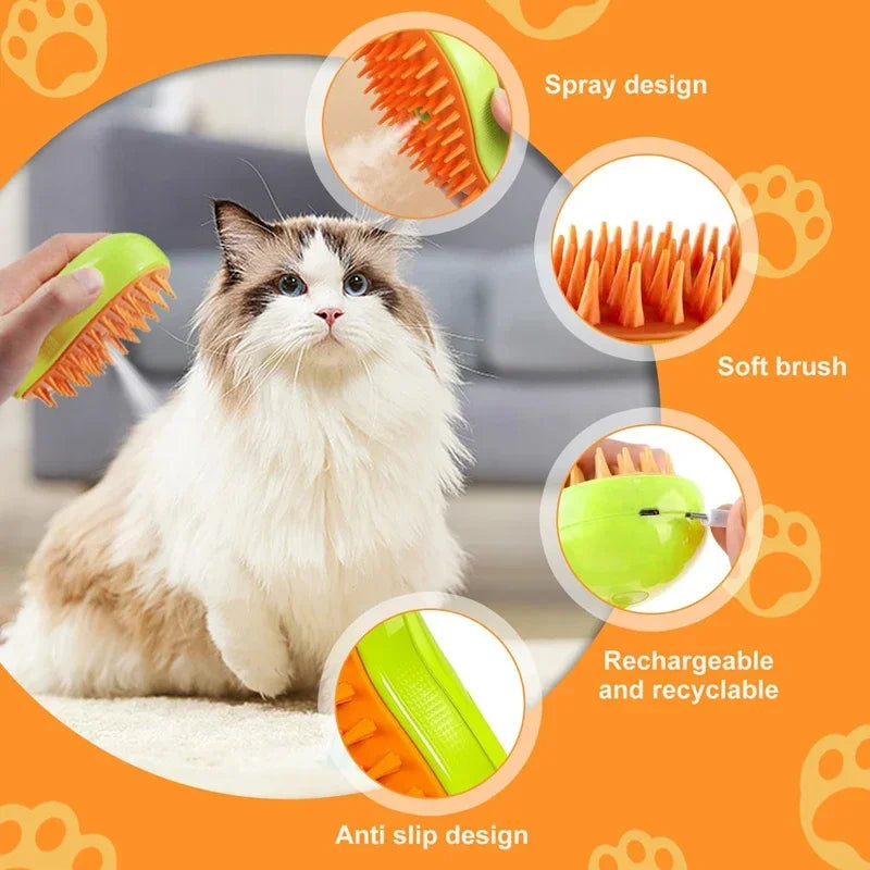 Electric Steam Brush for Cats and Dogs - Soft Silicone Pet Grooming Comb and Hair Remover