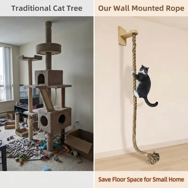 Vertical Cat Climbing Frame with Durable Natural Hemp Rope and Scratching Posts - Indoor Pet Exercise Toy with Space-Saving Design and Wall Hook Included to Encourage Activity