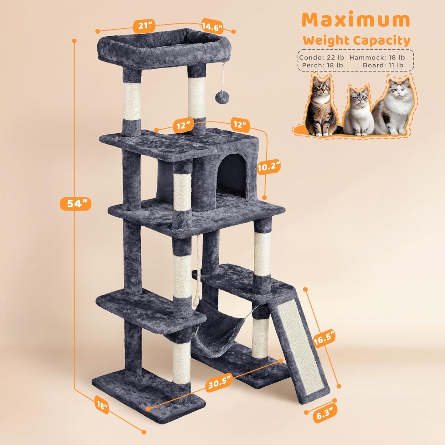 Yaheetech 54-Inch Multi-Level Cat Tree Tower with Hammock, Scratching Posts, and Condo for Indoor Cats