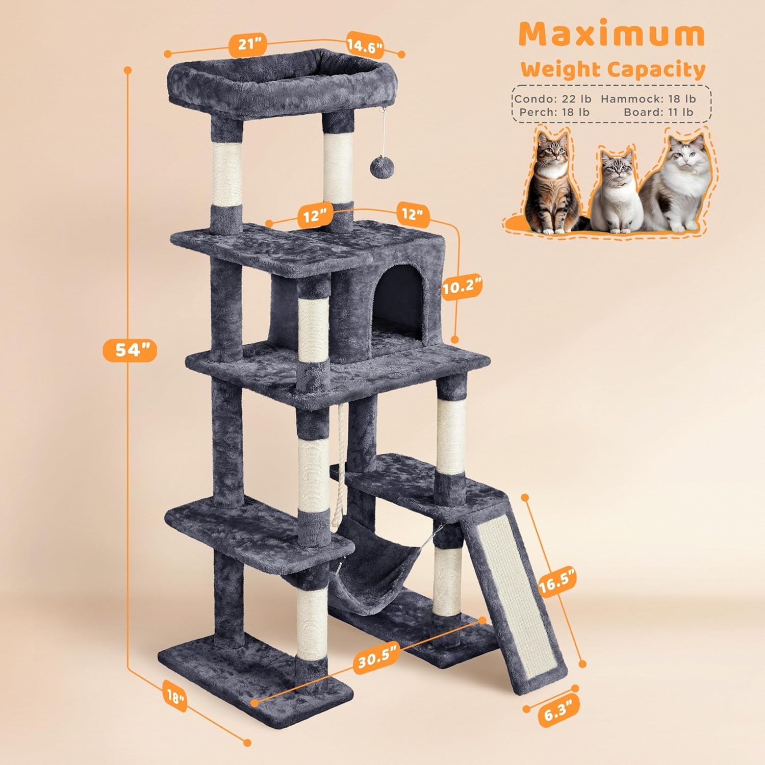 Yaheetech 54-Inch Multi-Level Cat Tree Tower with Hammock, Scratching Posts, and Condo for Indoor Cats