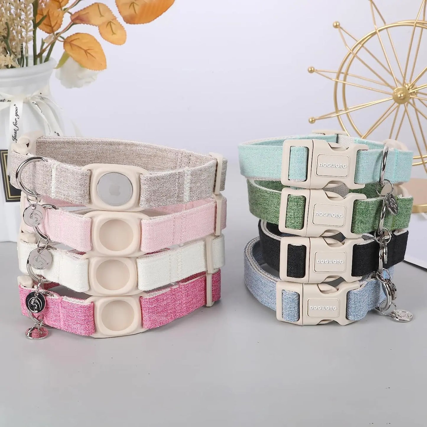 DOGWONG Airtag Cotton Hemp Dog Collar - Heavy-Duty Cute Basic Collar with Airtag Holder for Small to Large Dogs, Cute Basic Collars