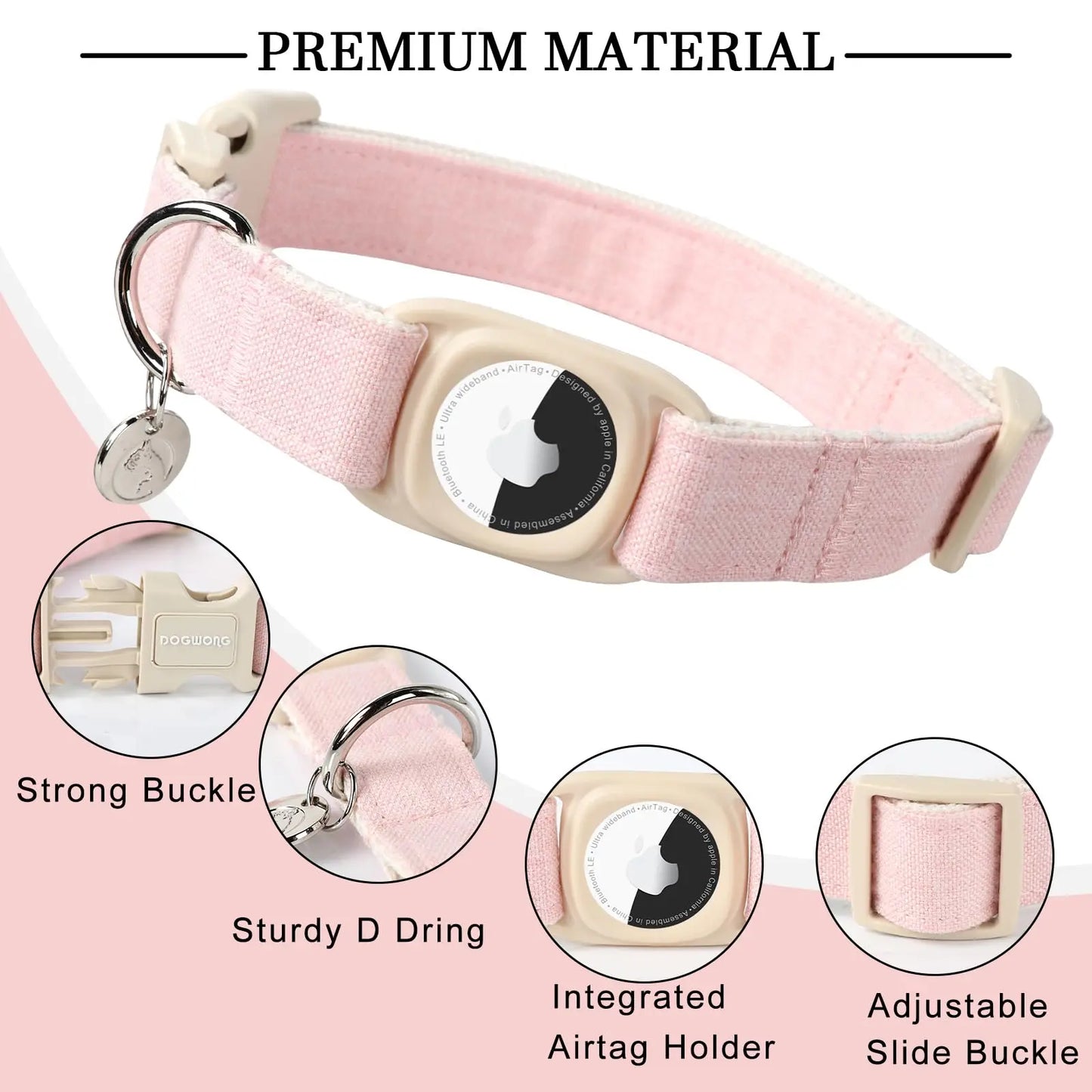 DOGWONG Airtag Cotton Hemp Dog Collar - Heavy-Duty Cute Basic Collar with Airtag Holder for Small to Large Dogs, Cute Basic Collars