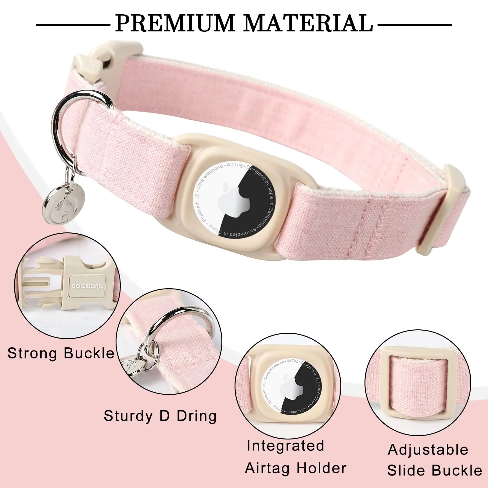 DOGWONG Airtag Cotton Hemp Dog Collar - Heavy-Duty Cute Basic Collar with Airtag Holder for Small to Large Dogs, Cute Basic Collars