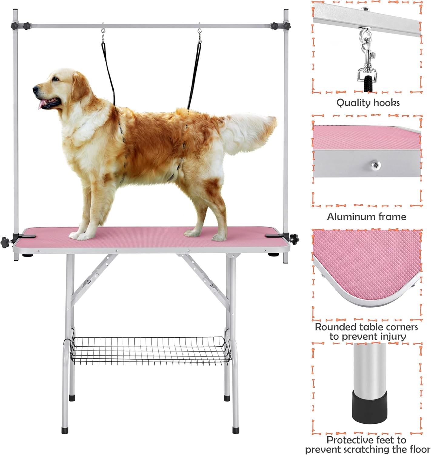Yaheetech 46-Inch Adjustable Height Pet Grooming Table for Large Dogs - Portable Trimming and Drying Table with Arm, Noose, and Mesh Tray, Supports Up to 265 lbs - Pink
