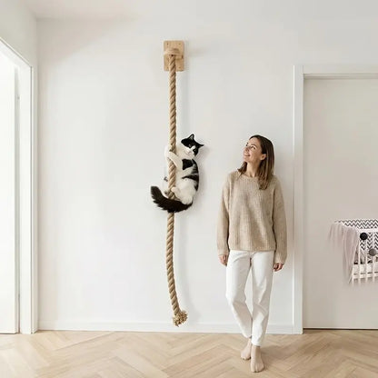Vertical Cat Climbing Frame with Durable Natural Hemp Rope and Scratching Posts - Indoor Pet Exercise Toy with Space-Saving Design and Wall Hook Included to Encourage Activity