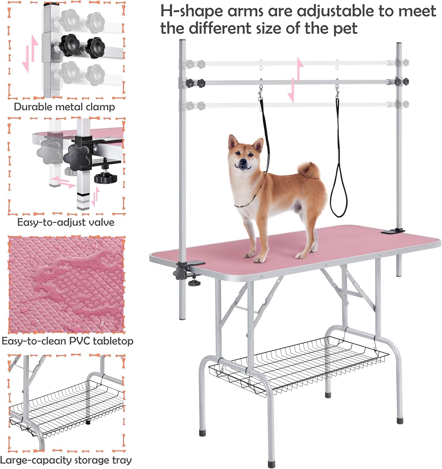 Yaheetech 46-Inch Adjustable Height Pet Grooming Table for Large Dogs - Portable Trimming and Drying Table with Arm, Noose, and Mesh Tray, Supports Up to 265 lbs - Pink
