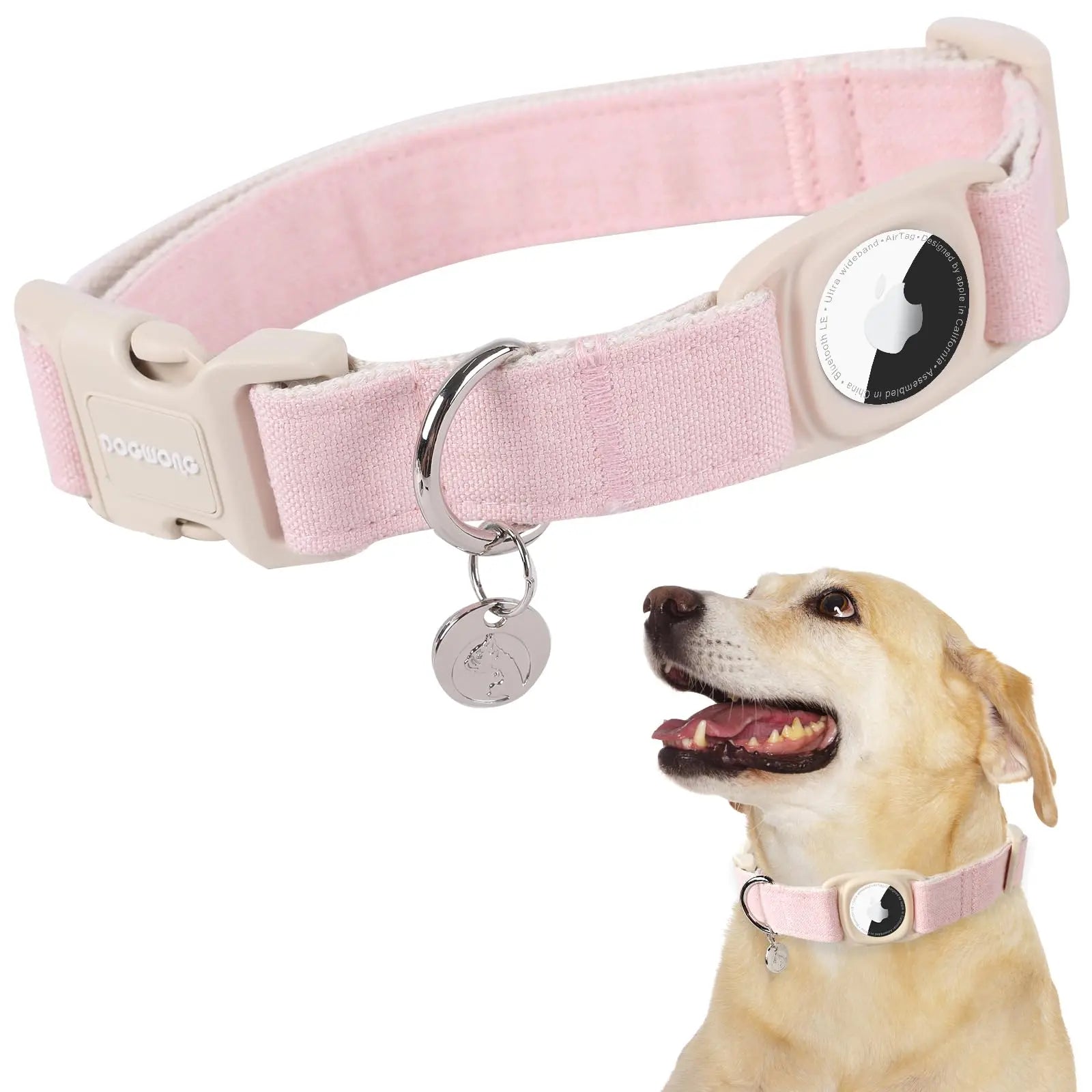 DOGWONG Airtag Cotton Hemp Dog Collar - Heavy-Duty Cute Basic Collar with Airtag Holder for Small to Large Dogs, Cute Basic Collars