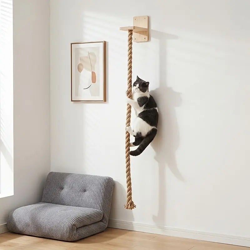 Vertical Cat Climbing Frame with Durable Natural Hemp Rope and Scratching Posts - Indoor Pet Exercise Toy with Space-Saving Design and Wall Hook Included to Encourage Activity