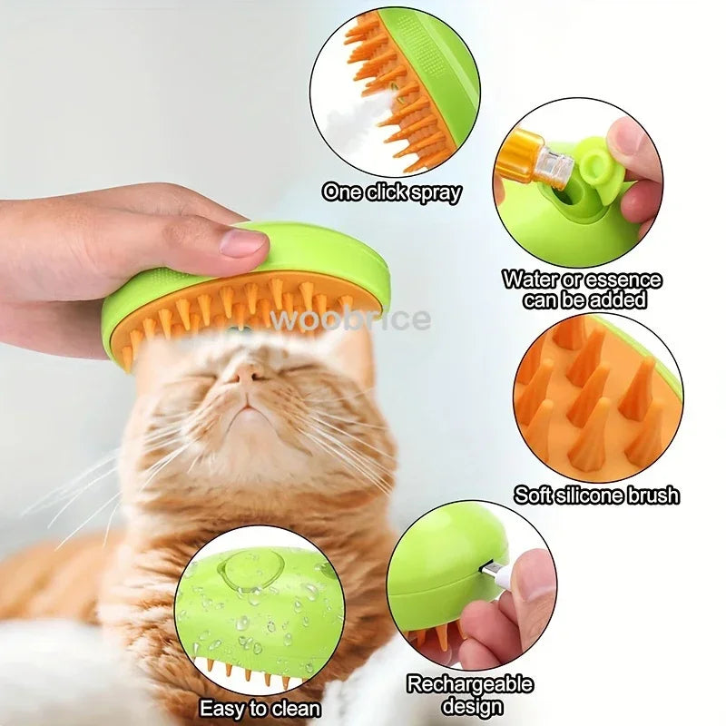 Electric Steam Brush for Cats and Dogs - Soft Silicone Pet Grooming Comb and Hair Remover
