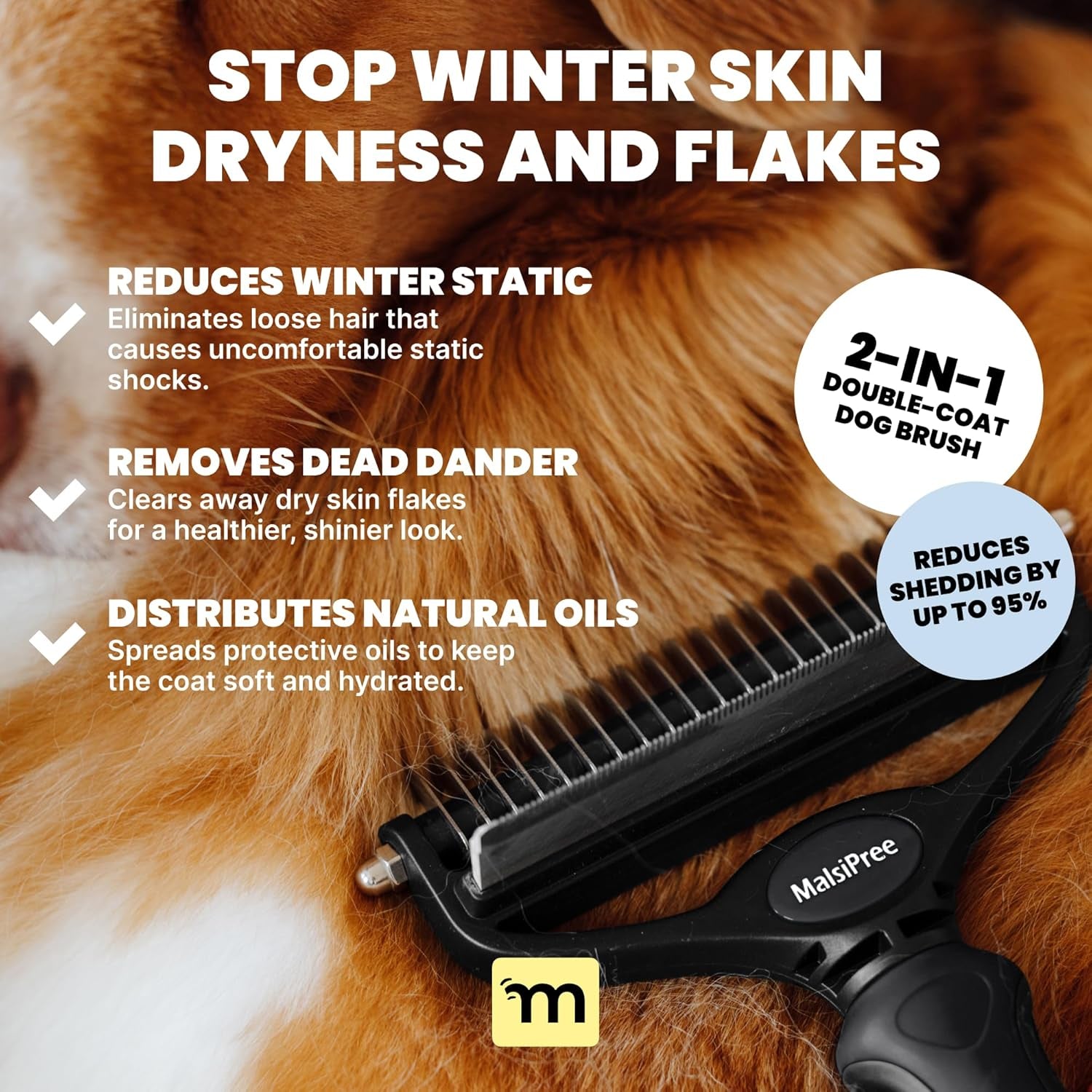 Large Black 2-in-1 Undercoat Rake and Dematting Brush for Medium to Large Double-Coated Dogs and Cats - Deshedding Tool