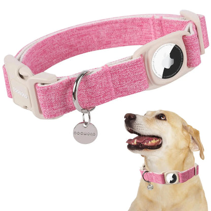 DOGWONG Airtag Cotton Hemp Dog Collar - Heavy-Duty Cute Basic Collar with Airtag Holder for Small to Large Dogs, Cute Basic Collars