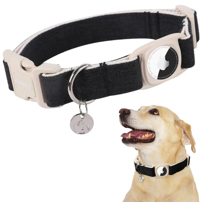 DOGWONG Airtag Cotton Hemp Dog Collar - Heavy-Duty Cute Basic Collar with Airtag Holder for Small to Large Dogs, Cute Basic Collars