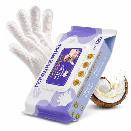 20-Pack Hypoallergenic Pet Cleaning Gloves and Deodorizing Bath Wipes with Coconut Oil for Dog Grooming