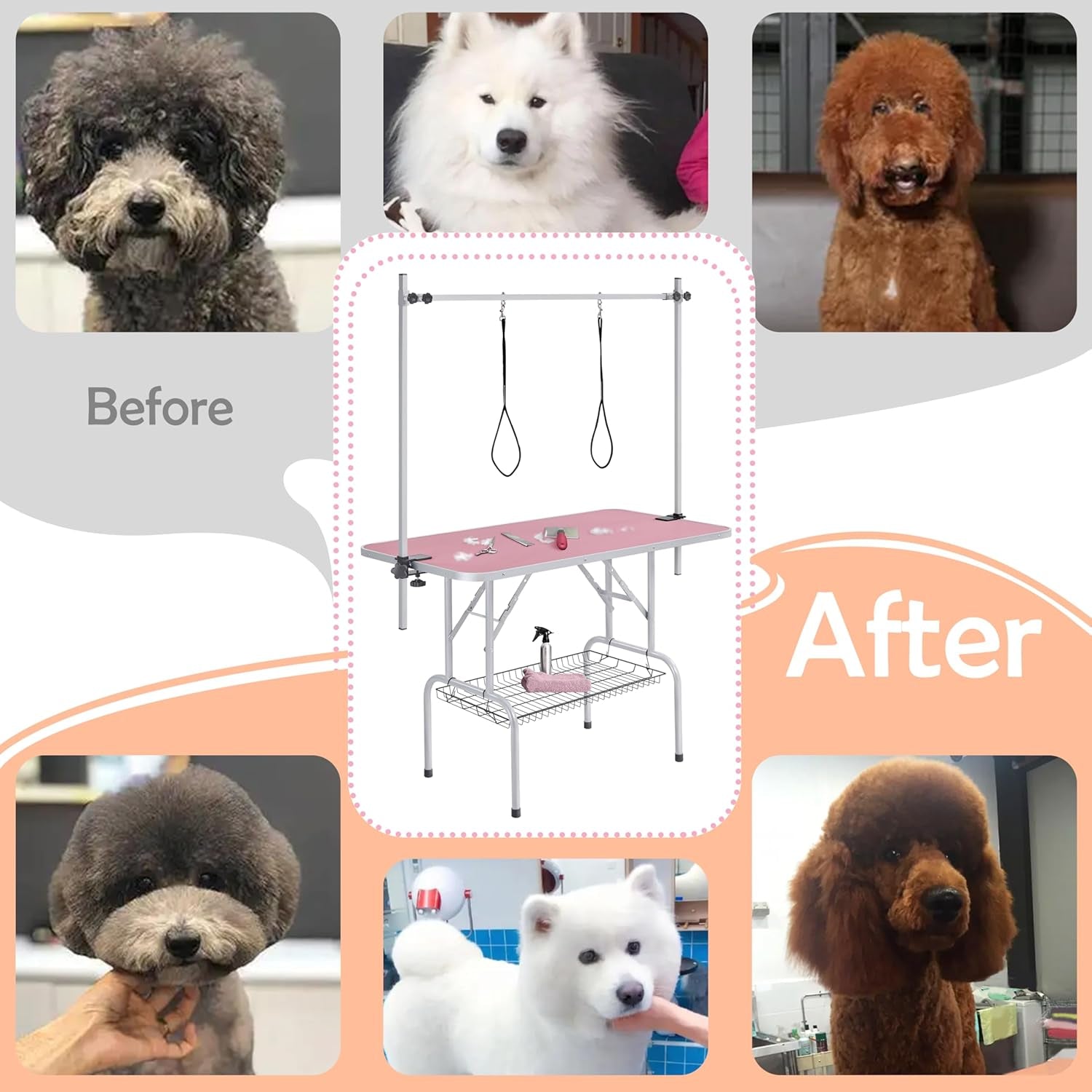 Yaheetech 46-Inch Adjustable Height Pet Grooming Table for Large Dogs - Portable Trimming and Drying Table with Arm, Noose, and Mesh Tray, Supports Up to 265 lbs - Pink