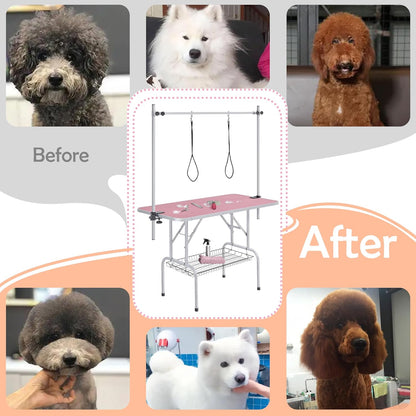 Yaheetech 46-Inch Adjustable Height Pet Grooming Table for Large Dogs - Portable Trimming and Drying Table with Arm, Noose, and Mesh Tray, Supports Up to 265 lbs - Pink