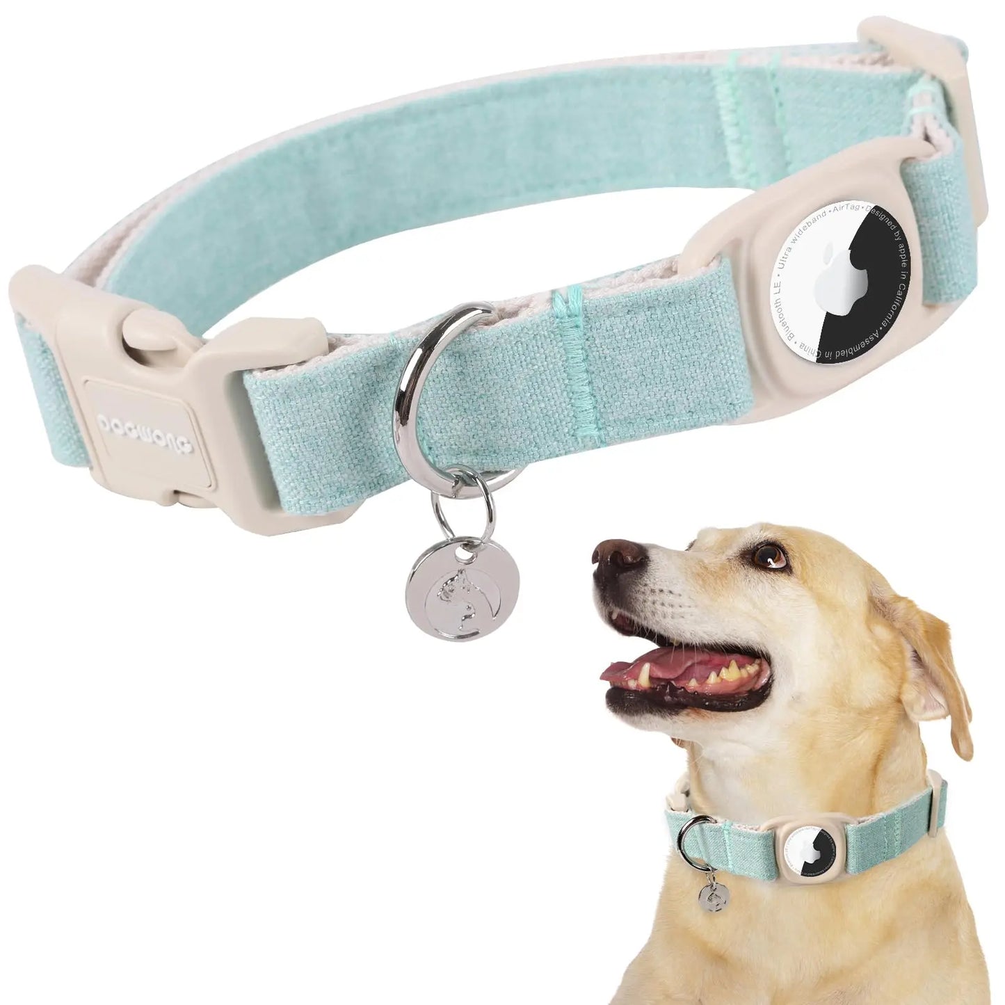 DOGWONG Airtag Cotton Hemp Dog Collar - Heavy-Duty Cute Basic Collar with Airtag Holder for Small to Large Dogs, Cute Basic Collars