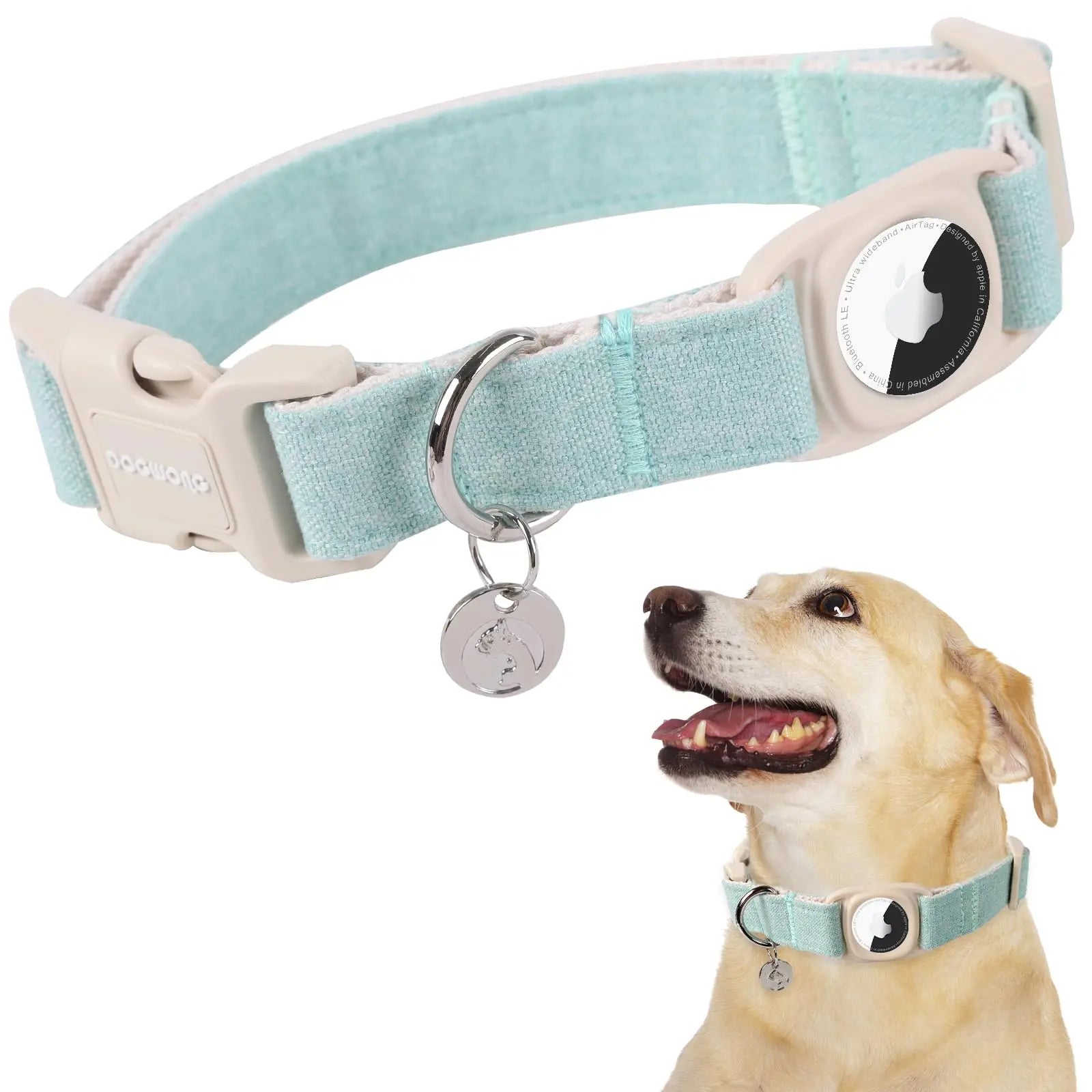 DOGWONG Airtag Cotton Hemp Dog Collar - Heavy-Duty Cute Basic Collar with Airtag Holder for Small to Large Dogs, Cute Basic Collars
