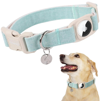 DOGWONG Airtag Cotton Hemp Dog Collar - Heavy-Duty Cute Basic Collar with Airtag Holder for Small to Large Dogs, Cute Basic Collars