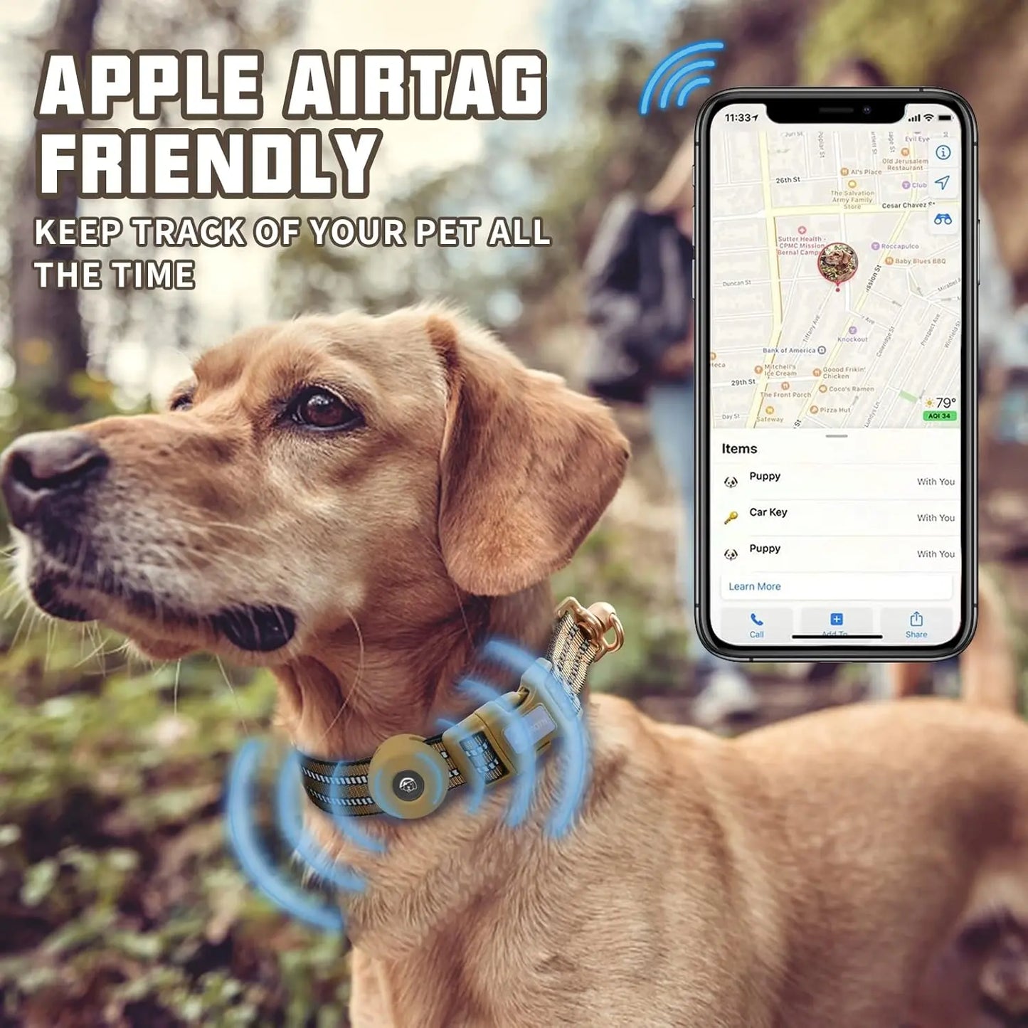 AUROTH Airtag Dog Holder Collar, Adjustable Air Tag Case Holder Dog Collar for Medium Large Dogs, Airtag Dog Collar Holder with Heavy Duty D Ring Tangle Free