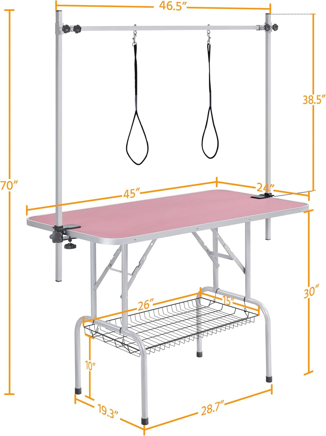 Yaheetech 46-Inch Adjustable Height Pet Grooming Table for Large Dogs - Portable Trimming and Drying Table with Arm, Noose, and Mesh Tray, Supports Up to 265 lbs - Pink