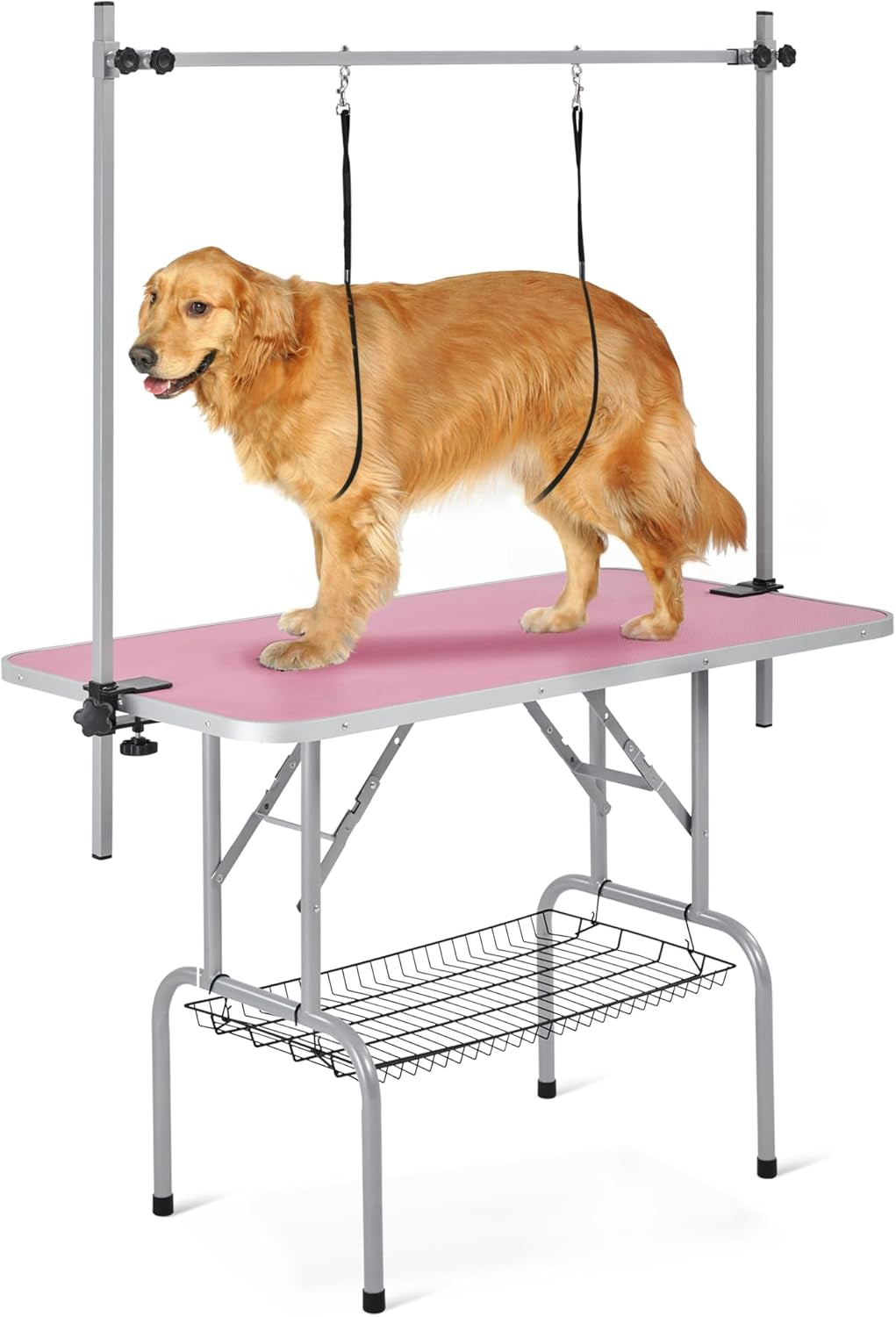 Yaheetech 46-Inch Adjustable Height Pet Grooming Table for Large Dogs - Portable Trimming and Drying Table with Arm, Noose, and Mesh Tray, Supports Up to 265 lbs - Pink